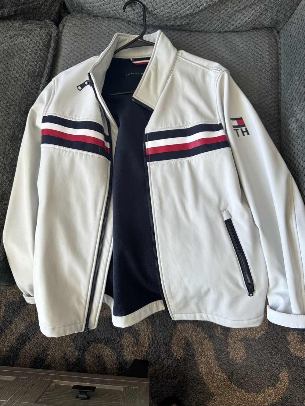 Tommy Hilfiger White Bomber Jacket with Navy and Red Stripes